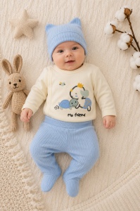 Compleu bebe bleu din bumbac cu caciulita si imprimeu my friend pentru baieti