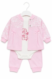 Compleu bebe fete 3 piese roz cu body floral si pantaloni din bumbac - Img 3