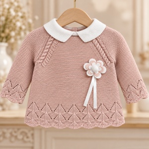 Compleu bebe fetita 2 piese din bumbac tricotat, bluza cu guler si pantaloni, roz - Img 5