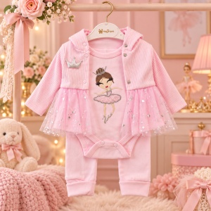 Compleu bebe fetita 3 piese, 100% bumbac, body cu balerina, pantaloni si jacheta cu gluga si tull, roz - Img 3
