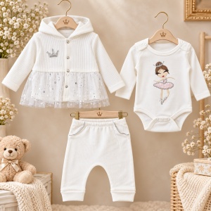 Compleu bebe fetita 3 piese, 100% bumbac, body cu balerina, pantaloni si jacheta cu gluga si tull, alb