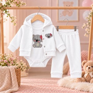 Compleu bebe fetita 3 piese, bumbac, body cu koala, jacheta cu gluga si pantaloni, alb - Img 3