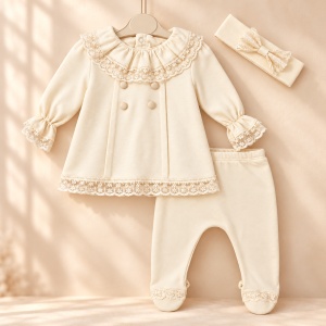 Compleu bebe fetita 3 piese crem cu dantela, pantaloni cu botosei si bentita - Img 2