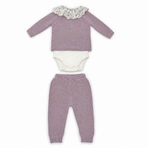 Compleu bebe fetita 4 piese lana naturala mov cu cardigan pantaloni body si caciula - Img 4