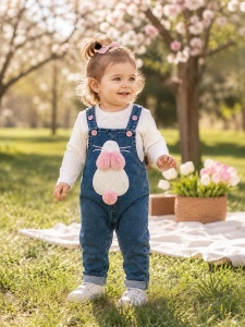Compleu bebe fetita cu salopeta denim si bluza alba model iepuras