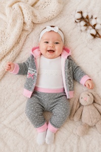 Compleu bebe fetite 3 piese cu hanorac roz gri body si pantaloni din bumbac