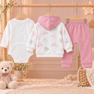 Compleu bebe fetite 3 piese din bumbac, body, hanorac cu fundite si pantaloni roz - Img 3