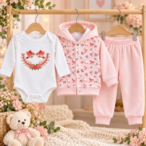 Compleu bebe fetite 3 piese din bumbac catifelat, body, hanorac cu pasarele si pantaloni roz - Img 2