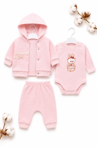 Compleu bebe fetite 3 piese roz cu hanorac body iepuras si pantaloni din bumbac - Img 2