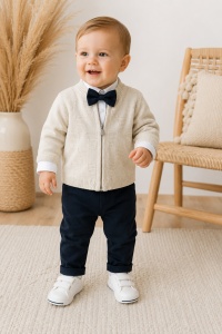 Compleu elegant bebe baieti 4 piese cu pantaloni bleumarin si papion