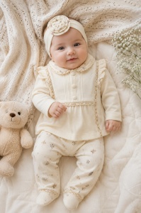 Compleu elegant fetita 3 piese cu bentita, set bebelusi din bumbac crem cu imprimeu floral