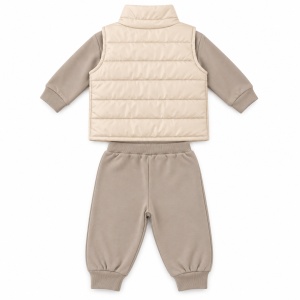 Compleu fetita 3 piese bumbac cu vesta matlasata bluza princess si pantaloni bej, fotografie de produs pe fundal alb