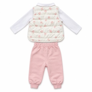 Compleu fetita 3 piese bumbac roz cu vesta fas florala si bluza cu guler, fotografie de produs pe fundal alb