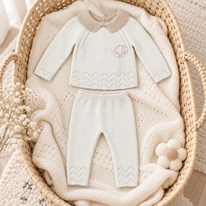 Compleu fetite 2 piese din bumbac 100%, bluza tricotata cu guler si floare, pantaloni, crem - Img 3