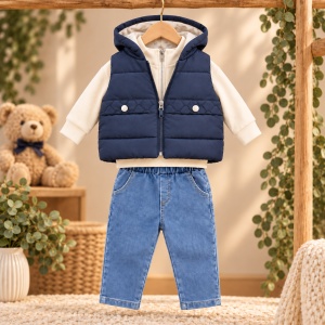 Costum baiat 3 piese cu vesta matlasata bleumarin, bluza din bumbac si blugi, prezentare in decor