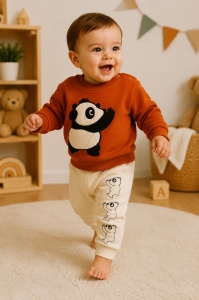 Costum bebe baiat 2 piese caramiziu crem cu panda aplicat si pantaloni imprimeu ursuleti