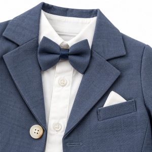 Costum bebe baiat albastru denim 3 piese cu sacou camasa si pantaloni elegant, prezentare in decor