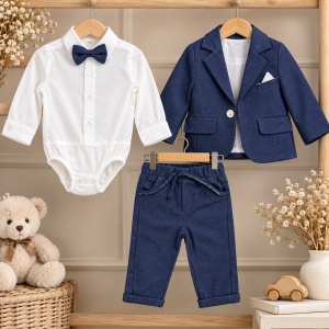 Costum bebe baiat bleumarin 3 piese sacou pantaloni body cu papion, prezentare in decor
