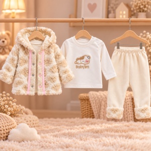 Costum bebe fetita 3 piese cu jacheta pufoasa, bluza si pantaloni crem cu detalii roz - Img 2