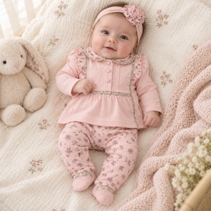 Costum bebe fetita 3 piese roz cu floricele, bluza, pantaloni cu botosei si bentita