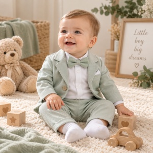 Costum ceremonie bebe baiat 3 piese verde salvie sacou body si papion