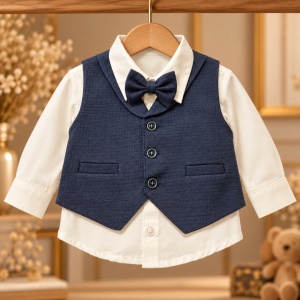 Costum elegant baieti 4 piese din bumbac, camasa alba, vesta si pantaloni bleumarin, papion - Img 7