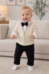 Costum elegant bebe 4 piese crem cu papion camasa si pantaloni pentru botez evenimente
