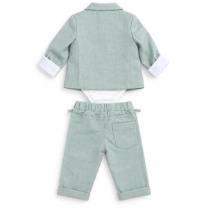 Costum elegant bebe baiat 3 piese verde menta sacou pantaloni body cu papion, fotografie de produs pe fundal alb