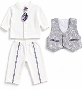 Costum elegant bebe baiat alb cu vesta gri 6 piese pentru botez - Img 3