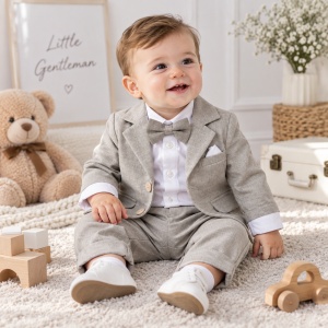 Costum elegant bebe baieti 3 piese gri cu sacou pantaloni body si papion