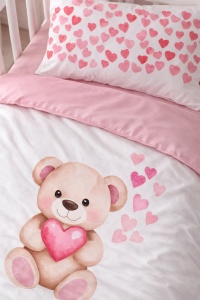 Lenjerie patut bebe fetite 3 piese bumbac 100% set patut copii cu husa pilota, cearsaf si fata perna ursulet - Img 2