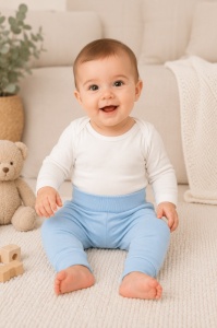 Pantaloni bebe albastri din bumbac cu ursulet si urechi decorative pentru baietei - Img 2
