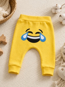 Pantaloni bebe galbeni bumbac imprimeu emoji ras confortabili