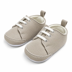 Pantofiori bebe bej din material textil cu sireturi si talpa moale - Img 3