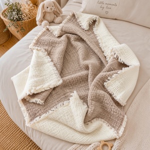 Patura bebe din muselina 4 straturi, 90x90 cm, crem-bej, moale si respirabila