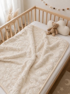 Paturica bebe bej deschis cu model embosat 100x100 cm pufoasa moale pentru nou nascut
