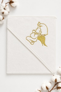 Prosop bebe cu gluga, 75x80 cm, 100% bumbac, broderie ingeras, alb ivoire - Img 2