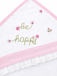 Prosop bebe cu gluga 80x90 cm, bumbac, alb si roz, broderie Be Happy - Img 3
