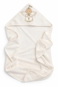 Prosop bebe ivoire cu gluga pentru botez bumbac moale broderie ingeras 80x90 cm