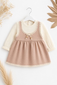 Rochie bebe eleganta roz pudra cu muselina si dantela pentru fetite aniversare si evenimente - Img 2
