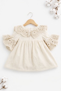 Rochie bebe fetita din in cu dantela bej eleganta pentru primii pasi, fotografie de produs pe fundal alb