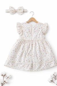 Rochie bebe fetite crem cu flori si bentita, rochita eleganta fetite - Img 5