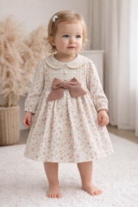 Rochie fetita crem floral cu funda maro eleganta vintage botez aniversari