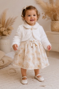 Rochita bebe fetita alba cu imprimeu floral si bolero pufos pentru ocazii speciale