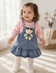 Rochita bebe fetita denim cu bluza din bumbac si aplicatie ursulet
