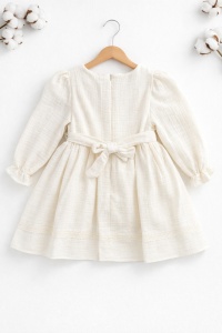 Rochita bebe fetite eleganta ivoire cu dantela maneca lunga din muselina - Img 4