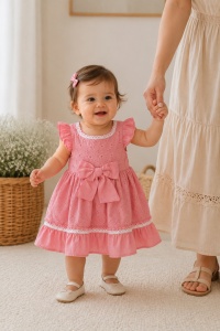 Rochita eleganta bebe fetita roz din bumbac cu broderie florala si fundita