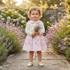 Rochita eleganta fetite din bumbac cu bolero tricotat si flori aplicate, roz