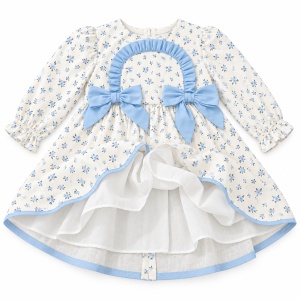 Rochita fetita din bumbac cu imprimeu floral bleu, fundite si maneca lunga - Img 3