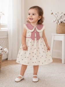 Rochita fetite crem cu imprimeu floral si guler dublu roz elegant